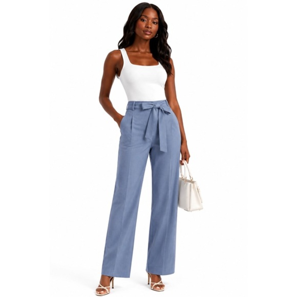 Loft Light Blue Melange Trouser Pants Tie Waist Straight Leg 12 Preppy 88-63